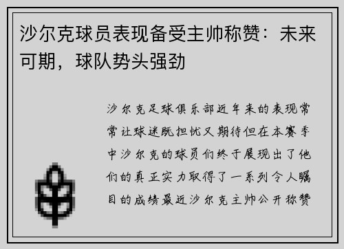 沙尔克球员表现备受主帅称赞：未来可期，球队势头强劲