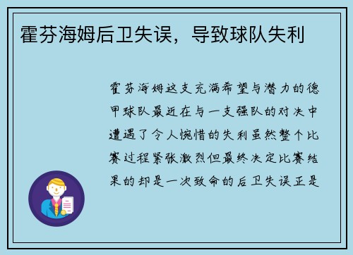 霍芬海姆后卫失误，导致球队失利